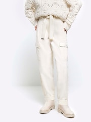 River Island Cream Paperbag Belted Cargo Trousers - Image 1 of 5
