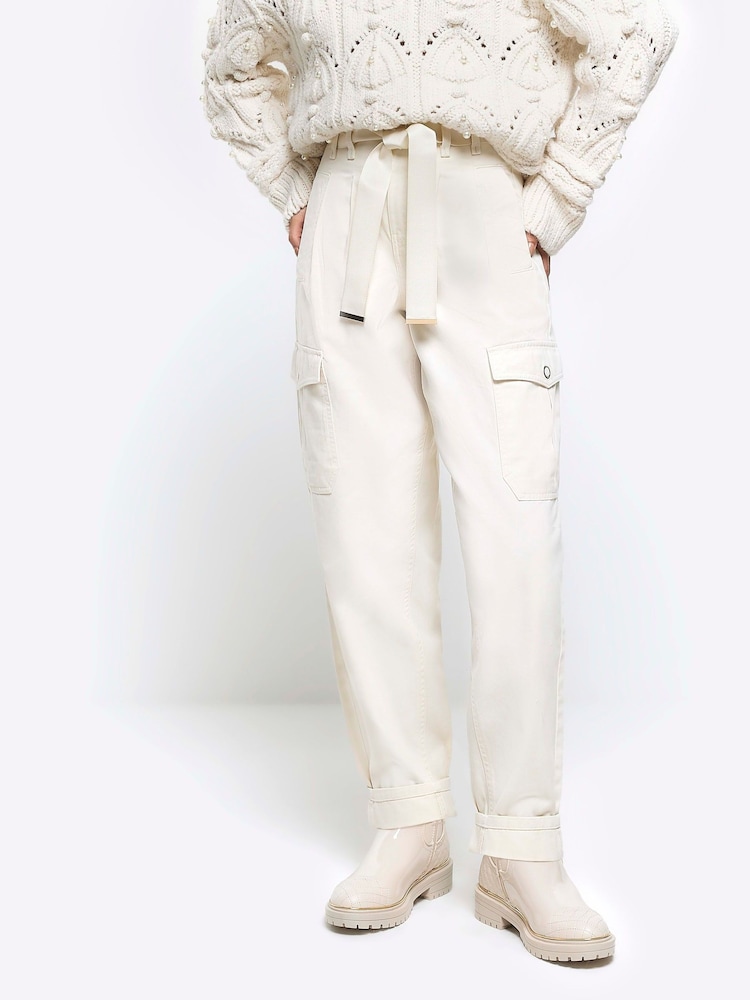 River Island Cream Paperbag Belted Cargo Trousers - Image 1 of 5