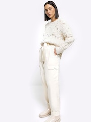 River Island Cream Paperbag Belted Cargo Trousers - Image 2 of 5