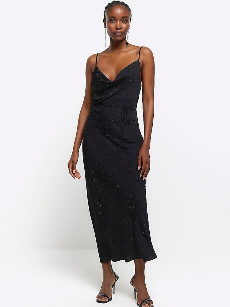 River Island Black Cowl Neck Embellished Slip Maxi Dress - Image 1 of 6