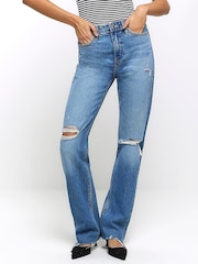 River Island Blue High Rise Straight Ripped Non - Stretch Jeans - Image 1 of 7
