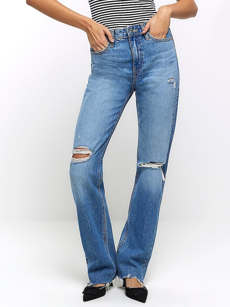 River Island Blue High Rise Straight Ripped Non - Stretch Jeans - Image 1 of 7