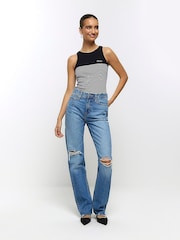 River Island Blue High Rise Straight Ripped Non - Stretch Jeans - Image 3 of 7
