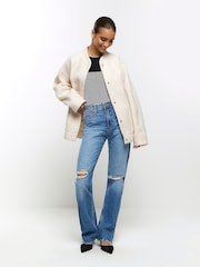 River Island Blue High Rise Straight Ripped Non - Stretch Jeans - Image 4 of 7