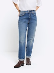 River Island Blue Petite High Rise Bum Sculpt Roll Hem Mom Jeans - Image 1 of 6
