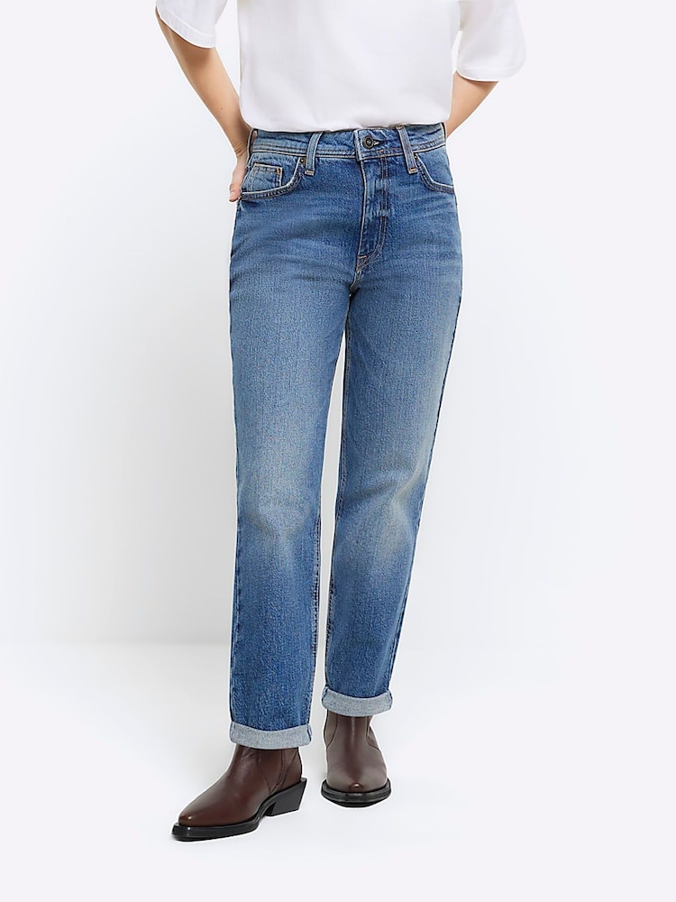 River Island Blue Petite High Rise Bum Sculpt Roll Hem Mom Jeans - Image 1 of 6