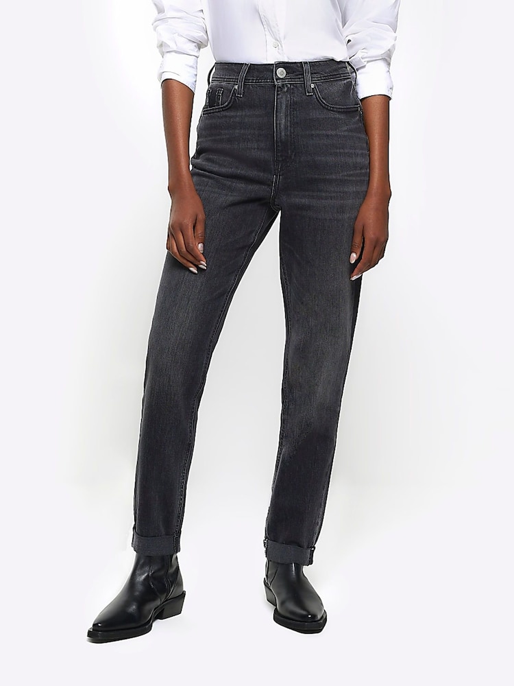 River Island Black High Rise Mom Jeans - Image 1 of 4 River Island Black High Rise Mom Jeans - Image 1 of 4