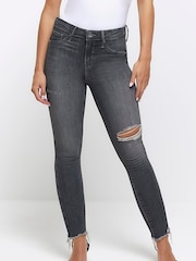 River Island Grey Bum Sculpt High Rise Ripped Skinny Jeans - Image 1 of 6