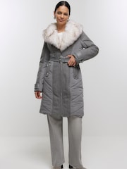 River Island Grey Faux Fur Collar Belted Jacket Jacket - Image 1 of 4