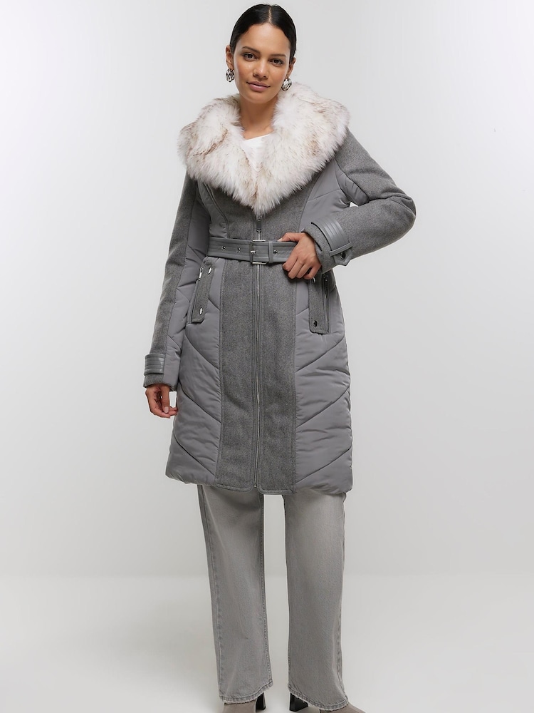 River Island Grey Faux Fur Collar Belted Jacket Jacket - Image 1 of 4