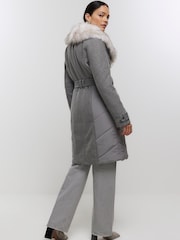 River Island Grey Faux Fur Collar Belted Jacket Jacket - Image 2 of 4