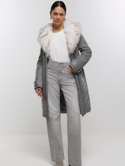 River Island Grey Faux Fur Collar Belted Jacket Jacket - Image 3 of 4
