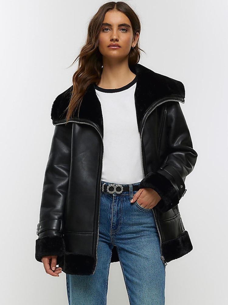 River Island Black Classic Aviator Jacket - Image 1 of 6 River Island Black Classic Aviator Jacket - Image 1 of 6