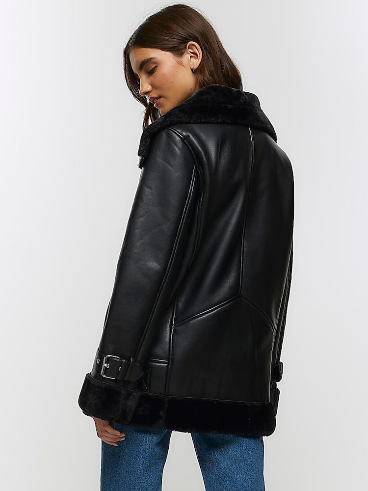 River Island Black Classic Aviator Jacket - Image 2 of 6 River Island Black Classic Aviator Jacket - Image 2 of 6