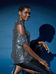 Roman Metallic Sequin Cold Shoulder Jersey Top - Image 3 of 3