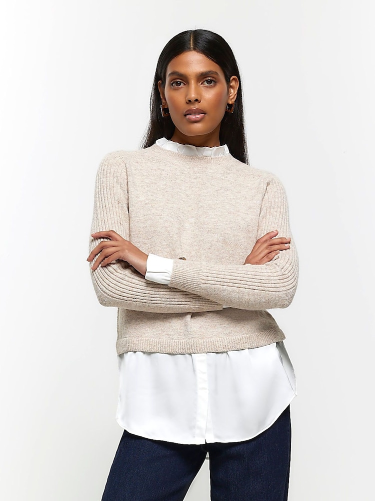 River Island Beige Satin Hybrid Jumper - Image 1 of 6