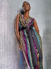Roman Black Sequin Stripe Embellished Belted Dress - Image 1 of 5