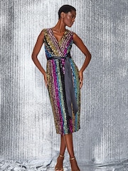 Roman Black Sequin Stripe Embellished Belted Dress - Image 2 of 5