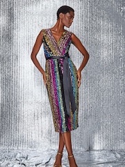 Roman Black Sequin Stripe Embellished Belted Dress - Image 3 of 5