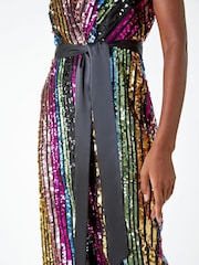 Roman Black Sequin Stripe Embellished Belted Dress - Image 5 of 5