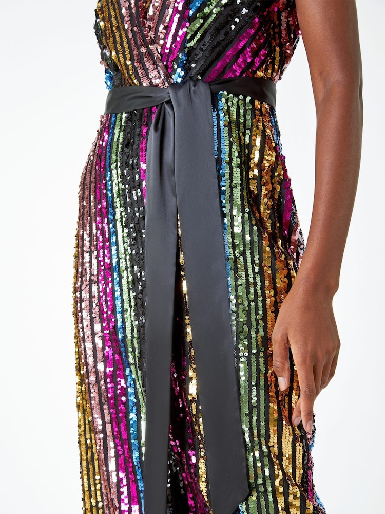 Roman Black Sequin Stripe Embellished Belted Dress - Image 5 of 5