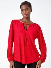 Roman Red Tie Detail Sparkle Stretch Jersey Top - Image 1 of 5