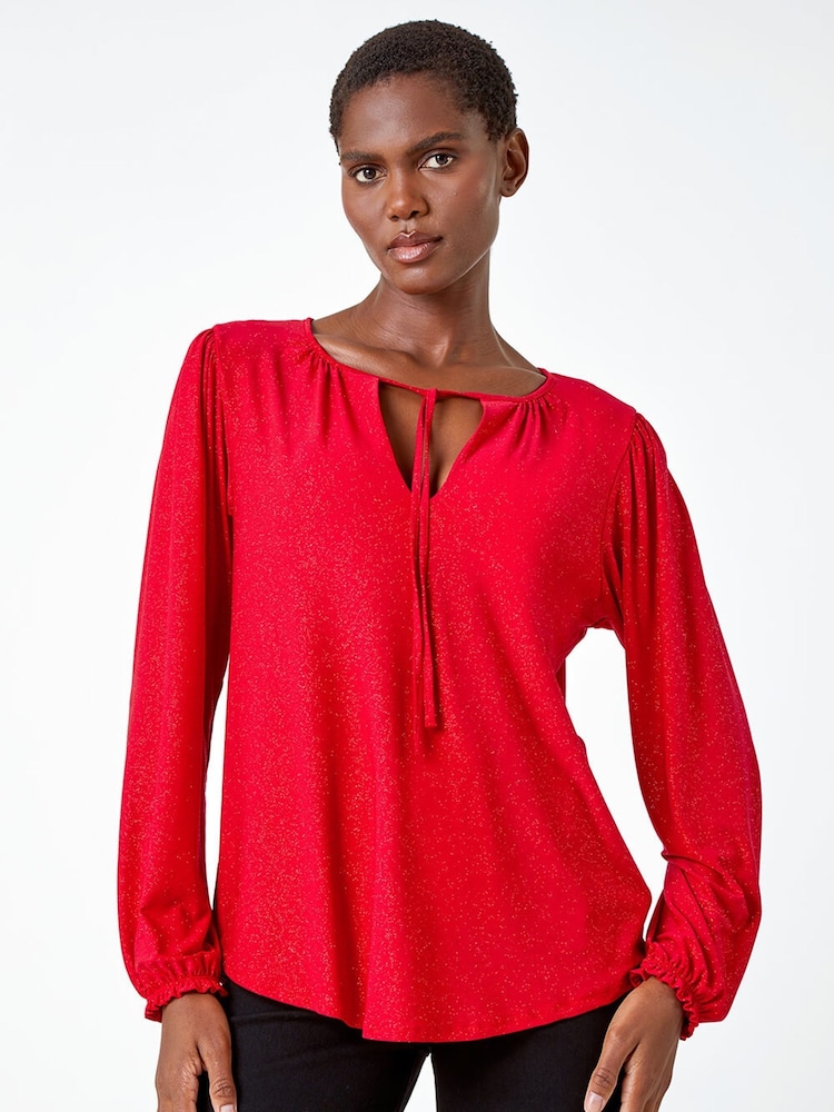 Roman Red Tie Detail Sparkle Stretch Jersey Top - Image 1 of 5