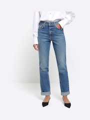 River Island Blue Roll Up hem Bum Sculpt Mom Jeans - Image 1 of 7