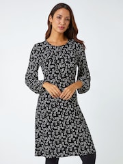 Roman Black Square Print Stretch Jersey Dress - Image 1 of 6