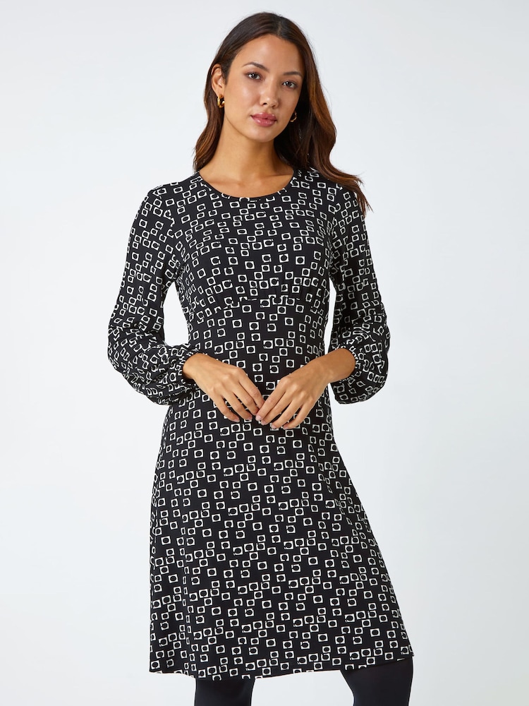 Roman Black Square Print Stretch Jersey Dress - Image 1 of 6