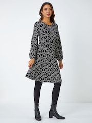 Roman Black Square Print Stretch Jersey Dress - Image 4 of 6