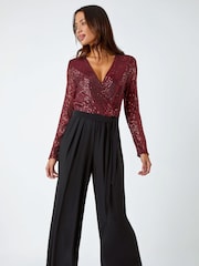 Roman Red Sequin Stretch Wide Leg Jumpsuit - Image 1 of 5