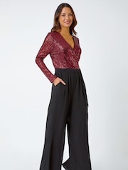 Roman Red Sequin Stretch Wide Leg Jumpsuit - Image 2 of 5