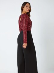 Roman Red Sequin Stretch Wide Leg Jumpsuit - Image 3 of 5
