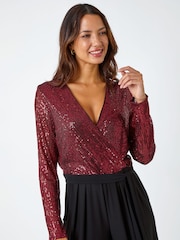 Roman Red Sequin Stretch Wide Leg Jumpsuit - Image 4 of 5