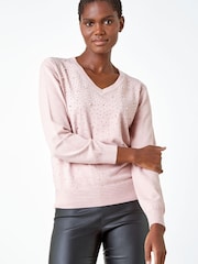 Roman Pink Pearl Sparkle Embellished Jumper - Image 1 of 5