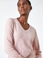 Roman Pink Pearl Sparkle Embellished Jumper - Image 4 of 5