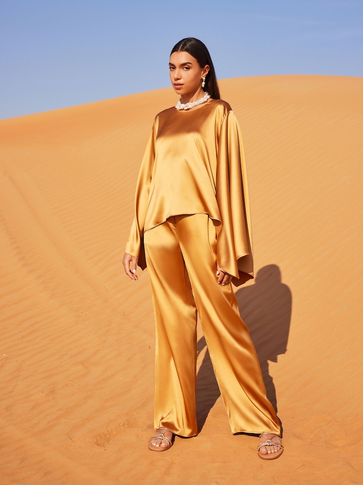 Gold Satin Elasticated Wide Leg Trousers - Image 1 of 6 Gold Satin Elasticated Wide Leg Trousers - Image 1 of 6