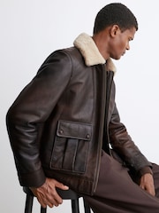 Reiss Brown Ankara Burnished Leather Shearling-Collar Jacket - Image 1 of 9