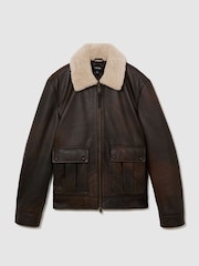 Reiss Brown Ankara Burnished Leather Shearling-Collar Jacket - Image 2 of 9