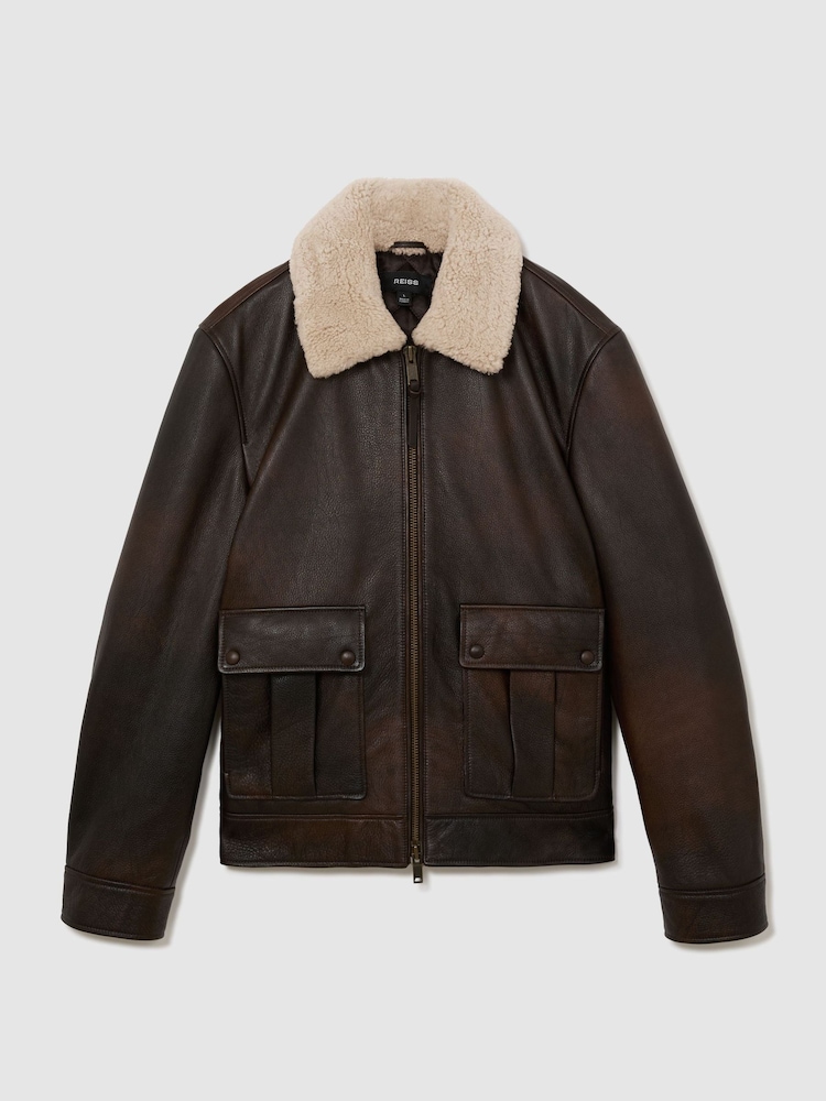 Reiss Brown Ankara Burnished Leather Shearling-Collar Jacket - Image 2 of 9 Reiss Brown Ankara Burnished Leather Shearling-Collar Jacket - Image 2 of 9