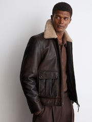 Reiss Brown Ankara Burnished Leather Shearling-Collar Jacket - Image 5 of 9