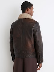 Reiss Brown Ankara Burnished Leather Shearling-Collar Jacket - Image 8 of 9