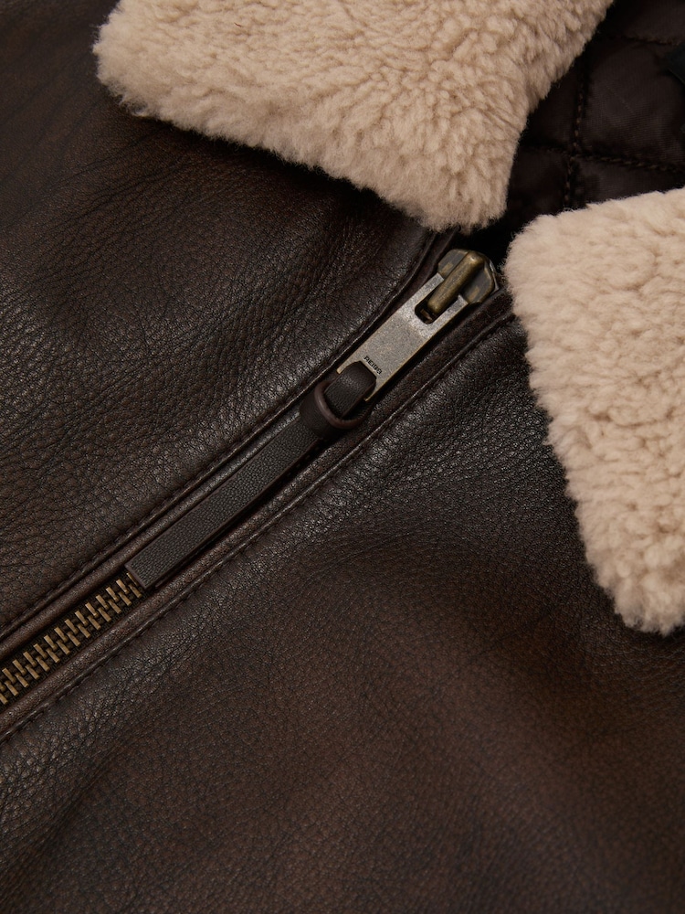 Reiss Brown Ankara Burnished Leather Shearling-Collar Jacket - Image 9 of 9 Reiss Brown Ankara Burnished Leather Shearling-Collar Jacket - Image 9 of 9