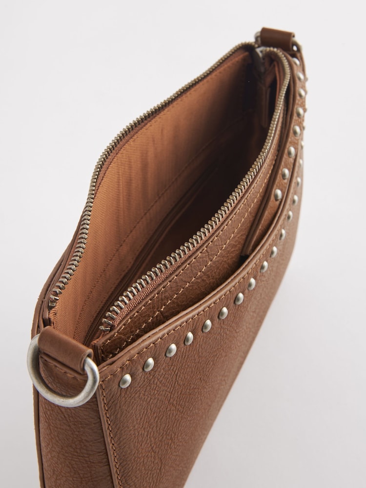 Tan Brown Leather Studded Cross-Body Bag - Image 7 of 7