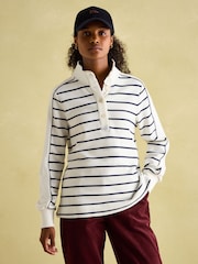 Joules Southwold Cream & Navy Blue Cotton Button Down Striped Sweatshirt - Image 1 of 10