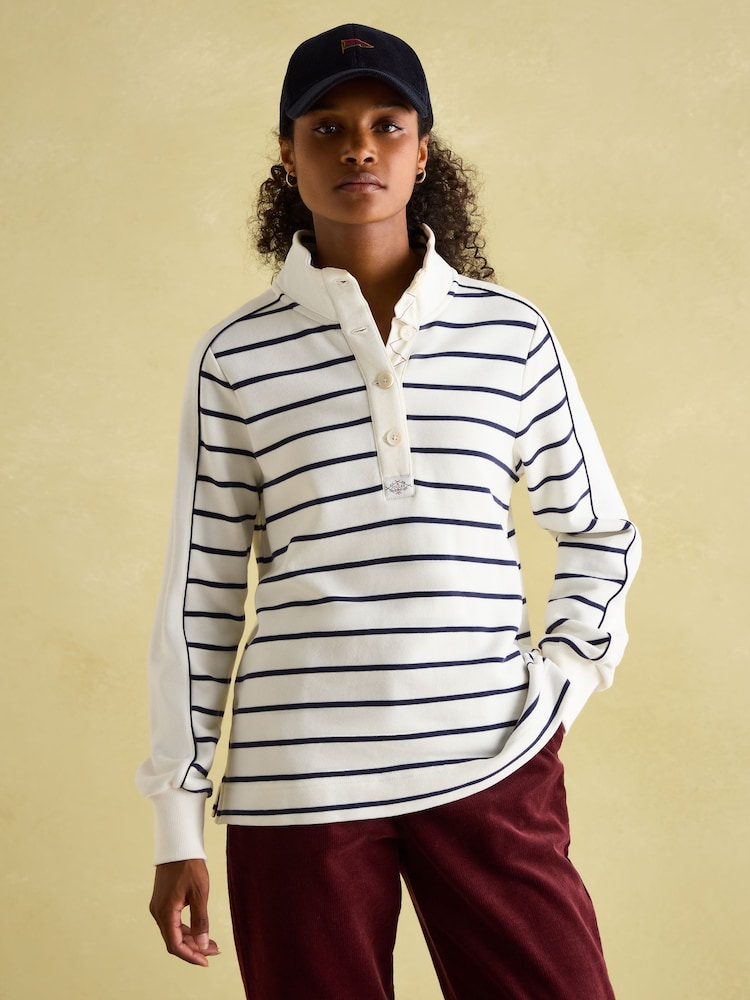 Joules Southwold Cream & Navy Blue Cotton Button Down Striped Sweatshirt - Image 1 of 10