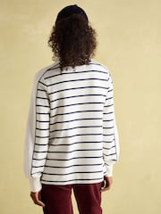 Joules Southwold Cream & Navy Blue Cotton Button Down Striped Sweatshirt - Image 2 of 10