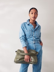 Khaki Green Leather Fold Flap Bag - Image 2 of 8