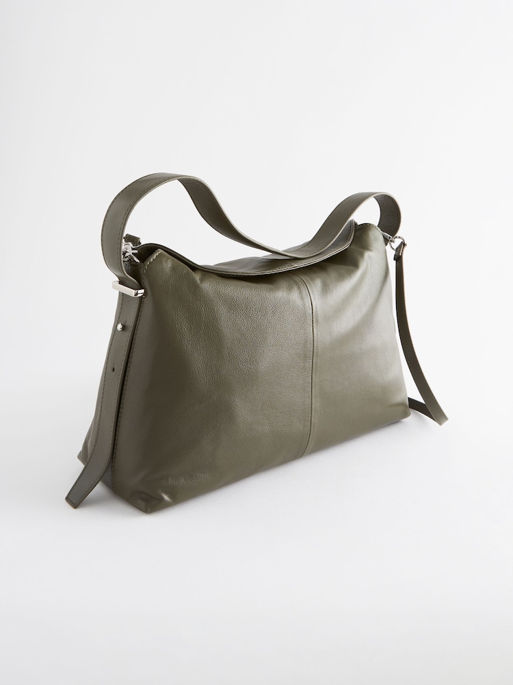 Khaki Green Leather Fold Flap Bag - Image 4 of 8